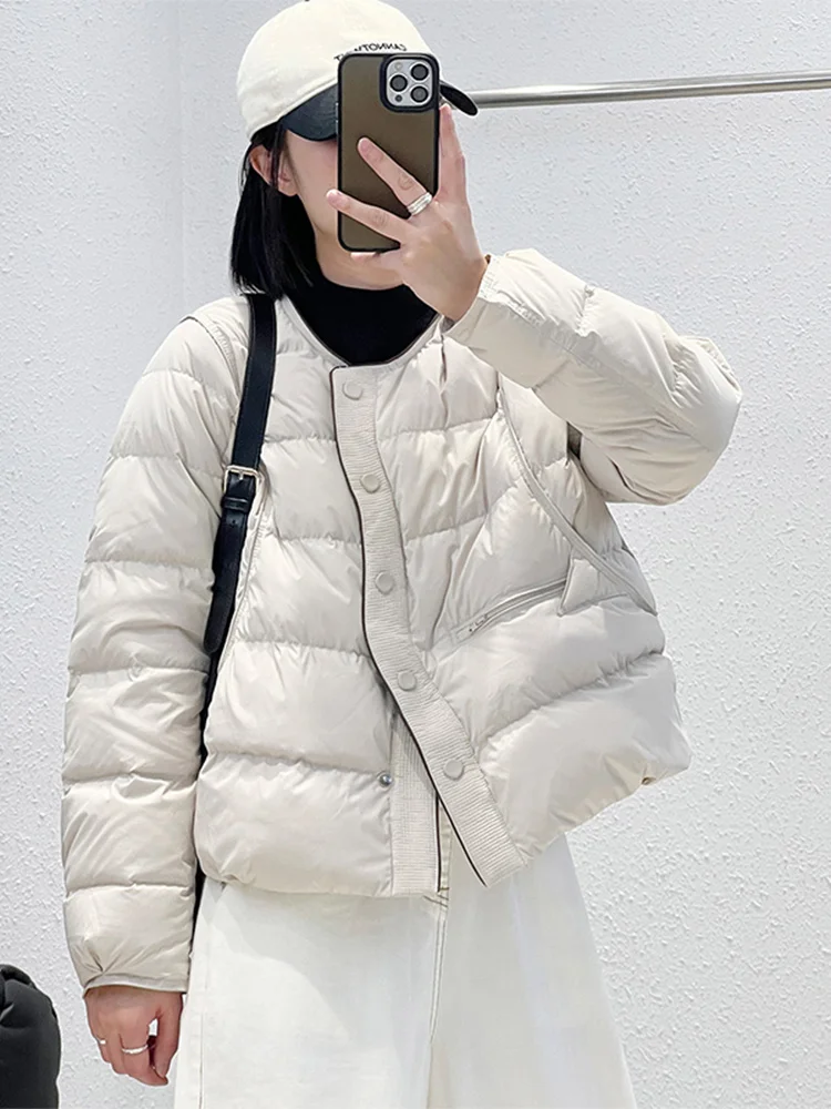 

Warm Short Cotton Jacket Lightweight Loose round Neck Single Button Women's Winter Coat Korean Style Commute Pure Color