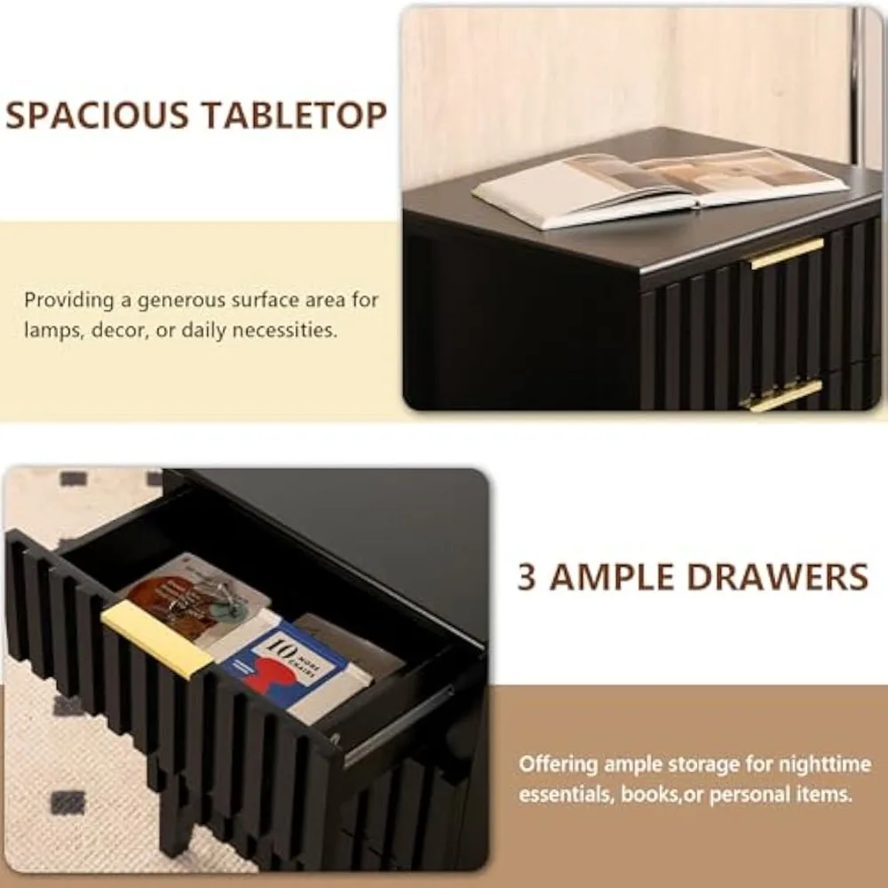 modern fluted bedroom furniture set with 6-drawer dresser and 2 nightstands, made of mdf wood, gold handles, black finish