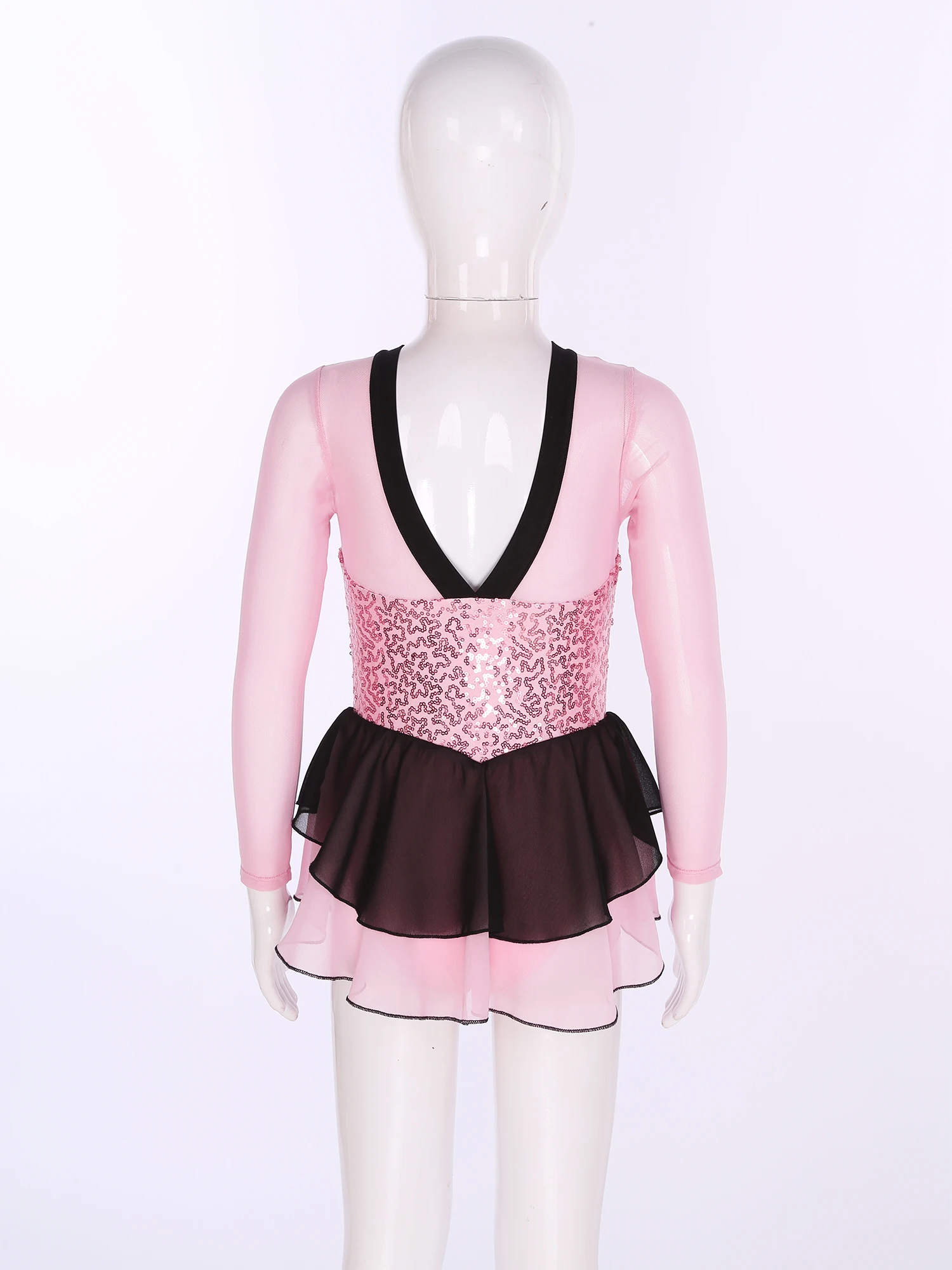 Vestido de patinação artística lantejoulas para meninas, manga comprida, textura patchwork, collant ballet ginástica, traje de patinação infantil