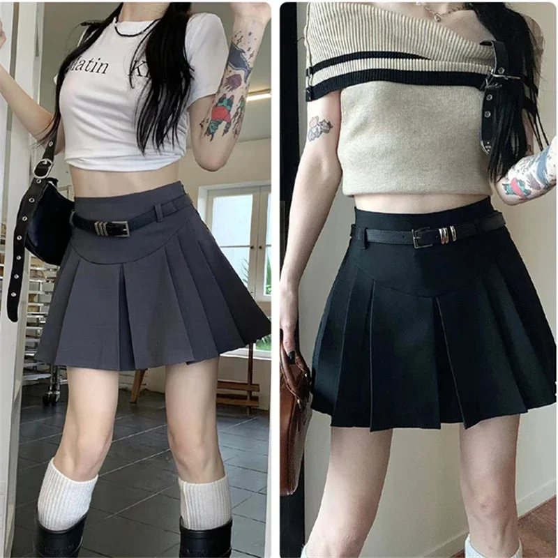 

High Waisted Pleated Skirt JK Uniform Side Rope Half Slimming Shorts Underneath A-line Short Skirts Women Girls