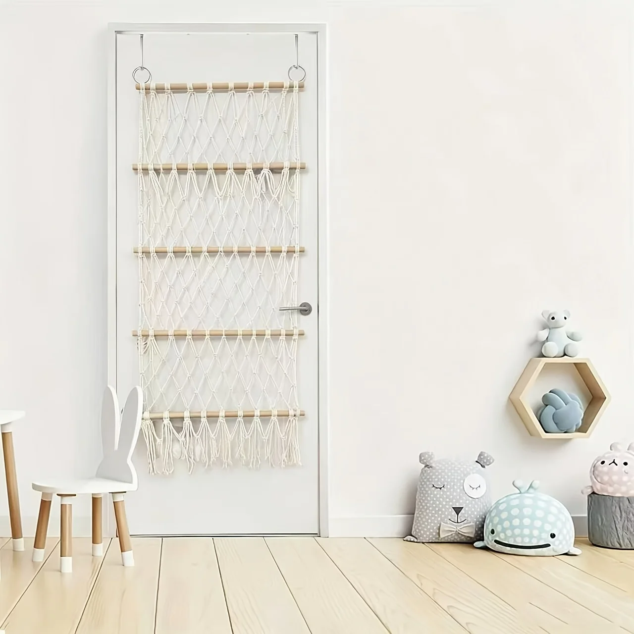 Bohemian Style Storage Hammock Over Door Hanging Plush Toy Organizer Hand Woven Cotton Mesh Net for Kids Nursery Bedroom