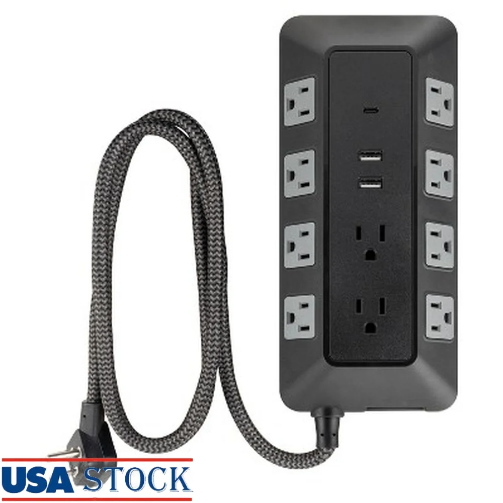 

10 Outlet Surge Protector with 2 USB-A 1 USB-C Ports 3540 Joules 4ft Braided Cord Flat Plug Circuit Breaker Safety