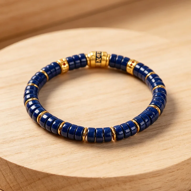 Handmade Chinese Traditional Sherpa Glass Flat Disc Beads Bracelet With Engraved Prayer Wheel Charm Ethnic Jewelry For Men Women 2