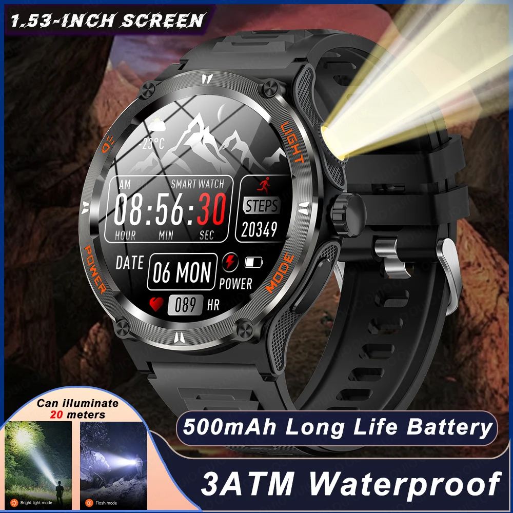 

2024 New Men Smart Watch Sports GPS Tracker 3ATM Waterproof 500Mah Battery LED Strong Flashlight Bluetooth Call smartwatch + Box