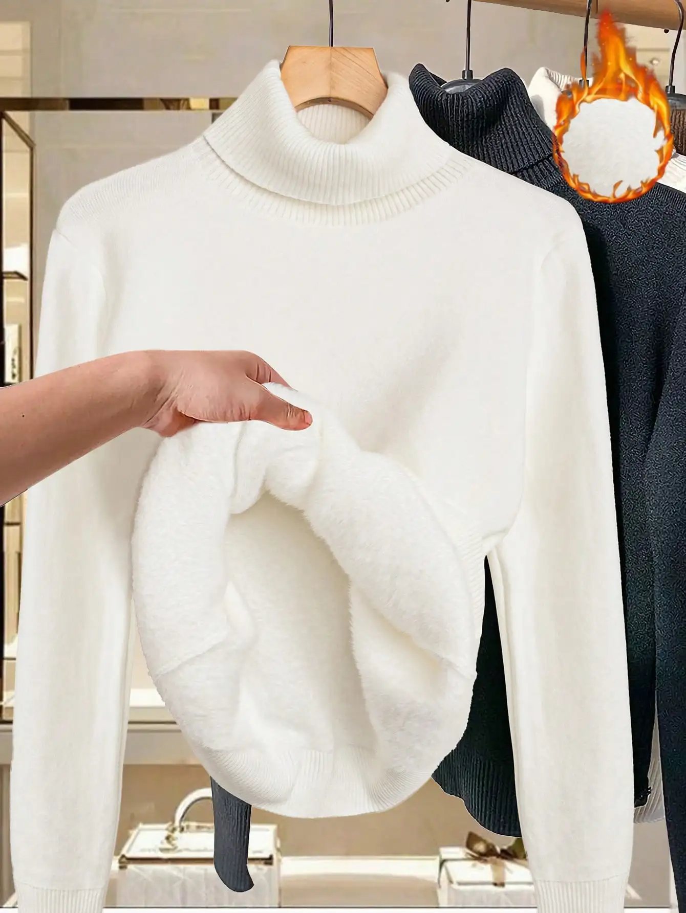 

Plus Size Fleece Lined Turtleneck Sweater for Women, Winter Knit Pullover, Solid White