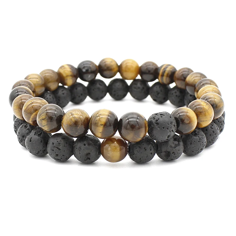 2Pcs Romantic Couple Bracelet Set 8mm Tiger Eyes Volcanic Rock Strand Braslet Valentine Day Gift Black White Matching Braclet