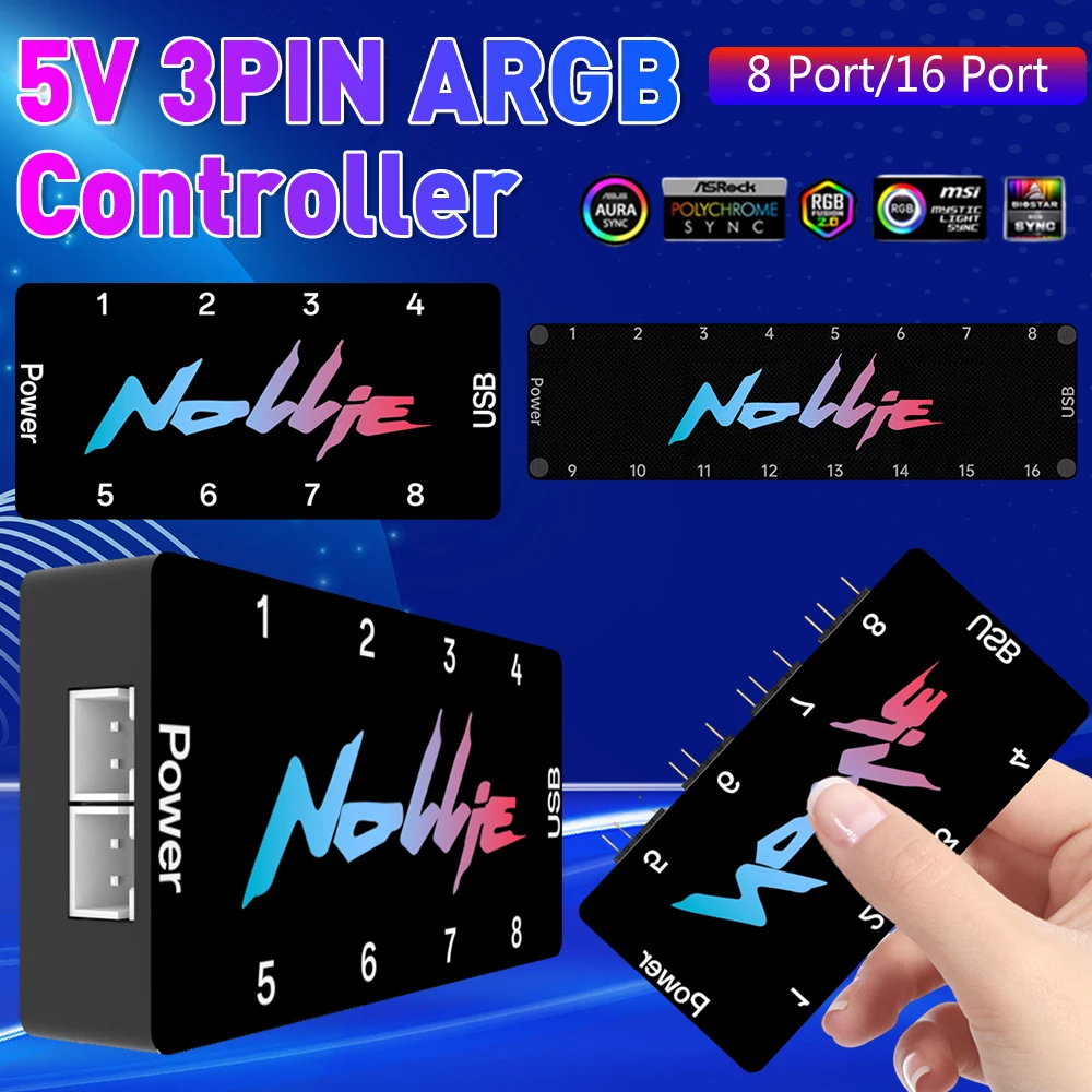 5V 3PIN ARGB Controller 8 Way Addressable ARGB Splitter Nollie SignalRGB OpenRGB for Computer PC Case Cooling Fans Light Strip