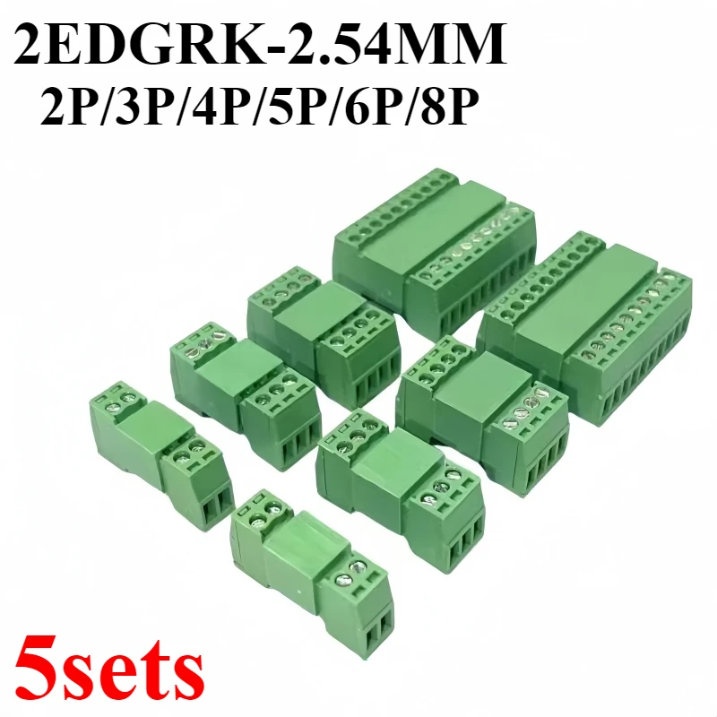 5sets 2edgrk-2.54mm Micro Terminal Block Plug-in 15edgkp 2p/3p/4p/5p/6p/8p Male And Female Set Green Screw Terminal
