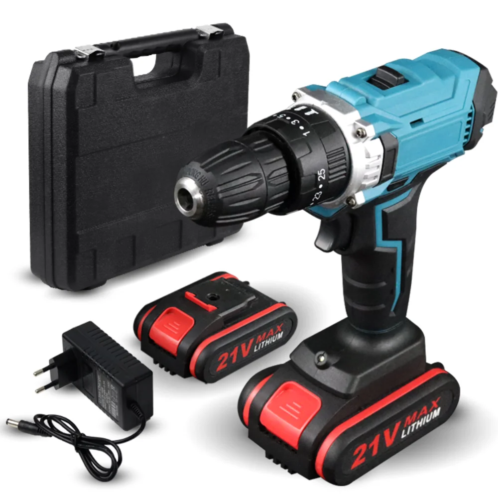 21V 1000W Electric Impact Drill 2 in 1 Electric Cordless Lithium-Ion Battery Mini Electric Power Screwdriver 2 Speed Power Tools