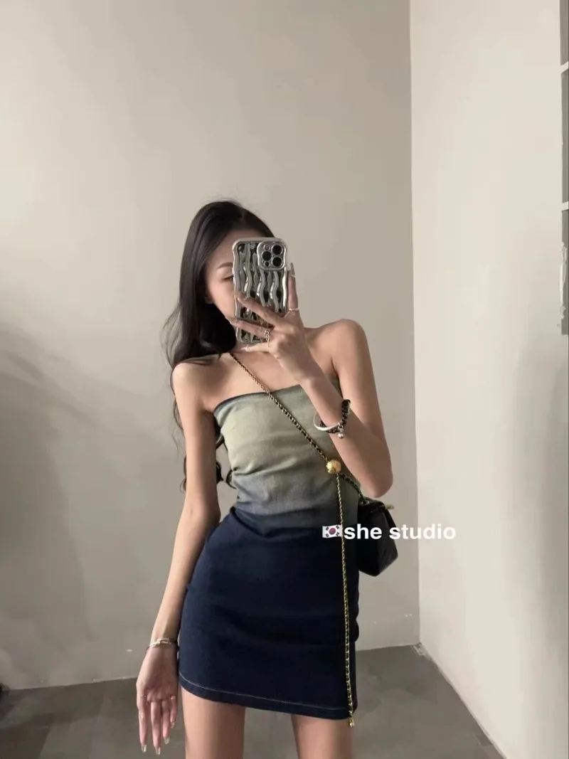 

Summer New Style Waist Closing Sexy Bra Short Dress Korean Version Spicy Girl Wrap Hip Gradient Denim Dresses Female Clothing