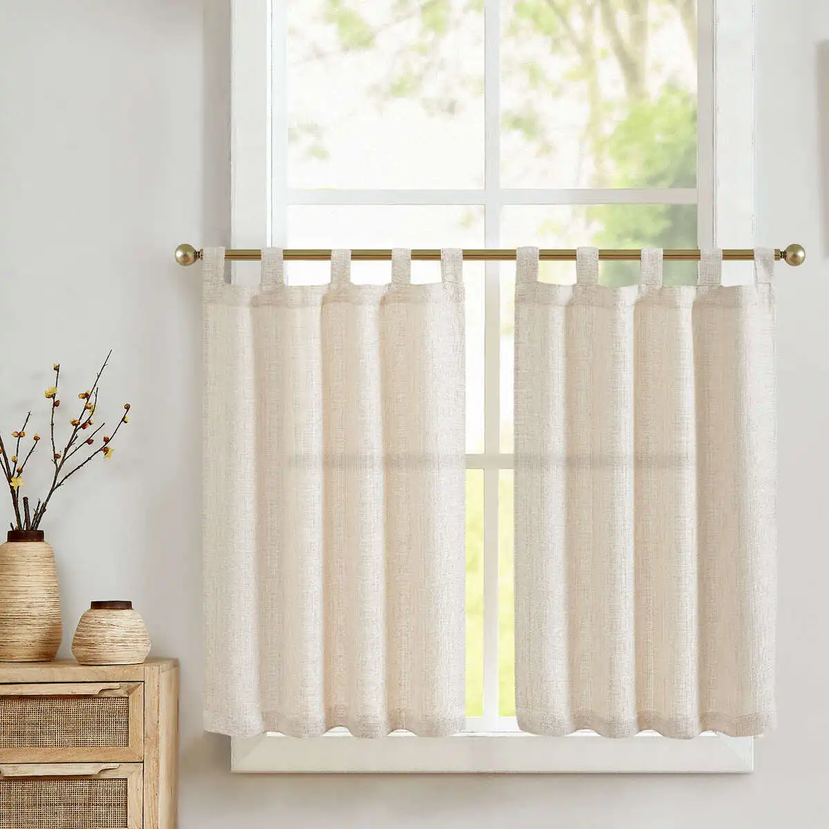 JINCHAN Linen Textured Tab Top Kitchen Curtains 28*24 Inch Beige Cafe Curtains Farmhouse Short Small Window Drapes 2 Panels