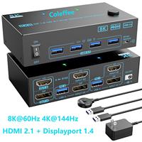 4K@144Hz KVM Switch 2 Monitors 2 Computers 8K@60Hz,HDMI +Displayport Dual Monitor with 4 USB 3.0 Port for Keyboard Mouse Printer