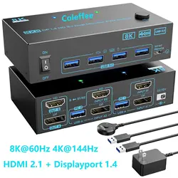 4K@144Hz KVM Switch 2 Monitors 2 Computers 8K@60Hz,HDMI +Displayport Dual Monitor with 4 USB 3.0 Port for Keyboard Mouse Printer