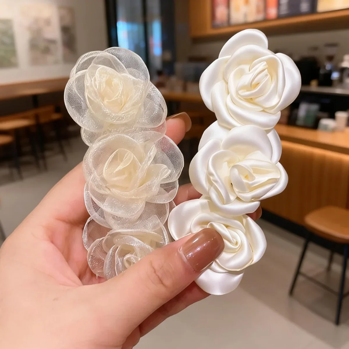 2Pcs White Rose Flower Hair Clips for Women, Elegant Organza Satin Hair Barrettes, Bridal Hair Accessories for Wedding, Party & view 3