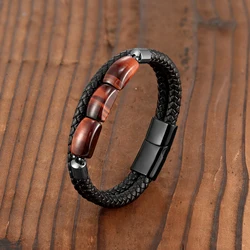 Moon Shape 100% Natural Tiger Eye Stone Vintage Jewelry Leather Rope Charm Bracelet 316L Stainless Steel Unisex Bracelet