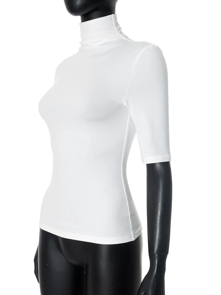Damen Rollkragenpullover mit Halben Ärmeln, Figurbetontes Strick-Oberteil, Einfarbig, Dehnbar, Basis-Layering-Shirt für Büro und Alltag – Detail 16
