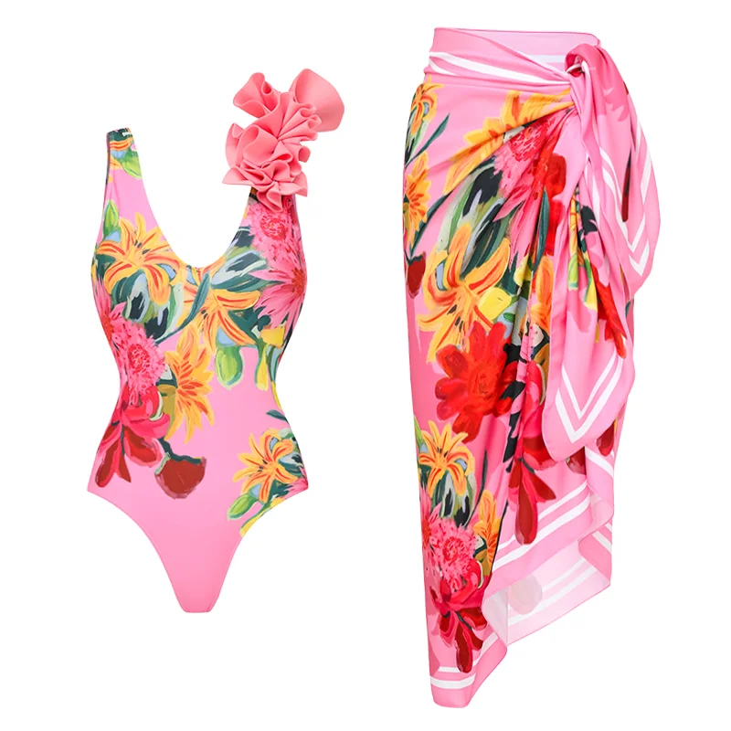 FLAXMAKER V Neck 3D Flower Pattern Print One Piece Swimsuit and Sarong Swimsuit Wholesale