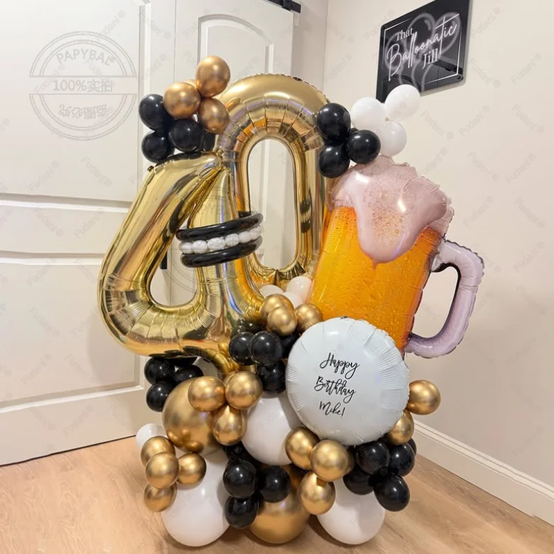 Set de 85 Globos con Temática de Cerveza en Negro y Dorado, Decoración para Fiesta de Cumpleaños de Padre de 1 a 40 Años, Regalo con Temática de Cerveza