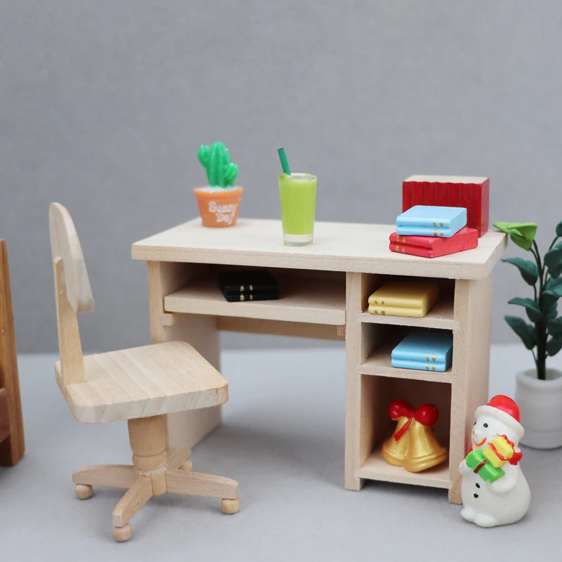 Set di giocattoli per mobili in legno in miniatura per casa delle bambole in scala 1:12 per accessori per casa delle bambole Mini modello di sedia da scrivania per computer da pranzo