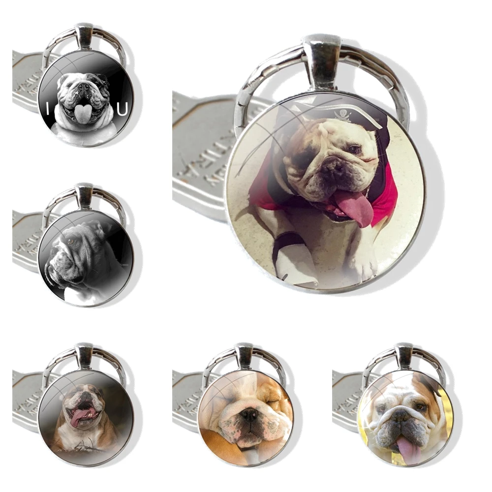 Cute dog english bulldog Fashion Fun Dynamic Keychain Handmade Glass Cabochon Key Ring Holder Pendant Key Chains