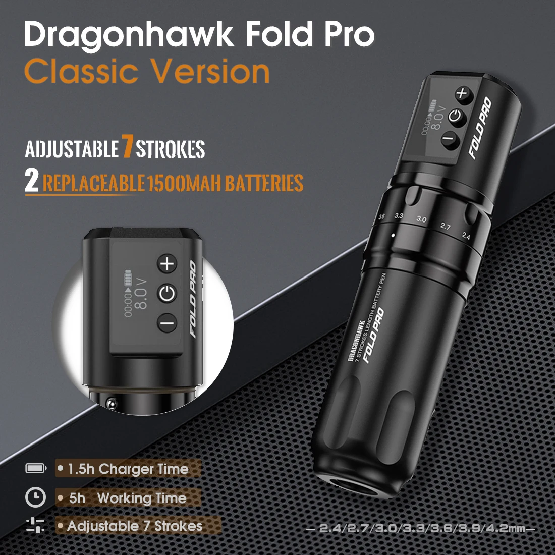 Dragonhawk Fold Pro Wireless Tattoo Machine Adjustable 7 Strokes Power By Mcore-c2 Low Vibration Silent Stable for Beginners