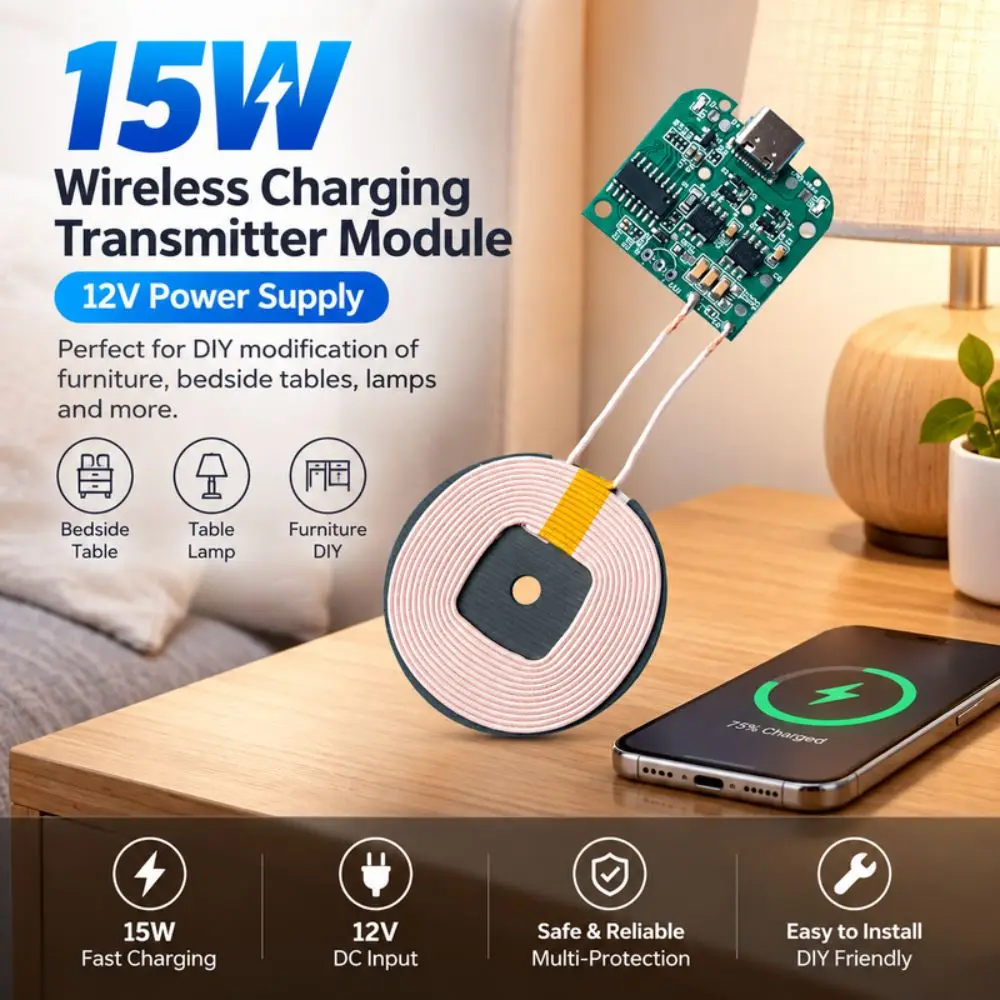15W Power Wireless Charger Module DC5V/9V/12V Input Pop-Up Notification QI Wireless Charging Coil Type-C Interface