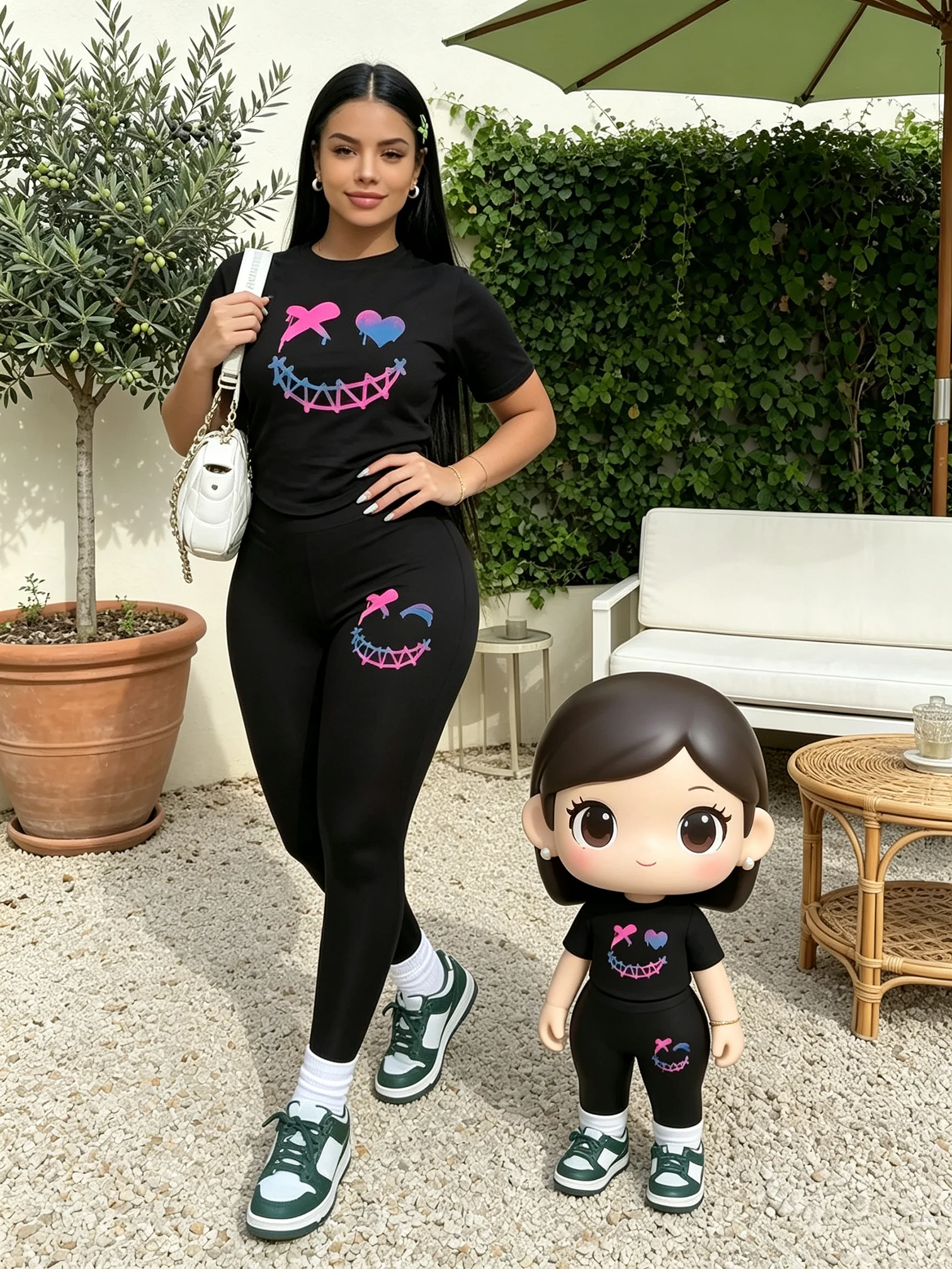 2026 Women's Casual Four Seasons Smile Printed Pattern Round Neck Short Sleeve T-shirt+Tight Printed Pants Set Two Piece Set