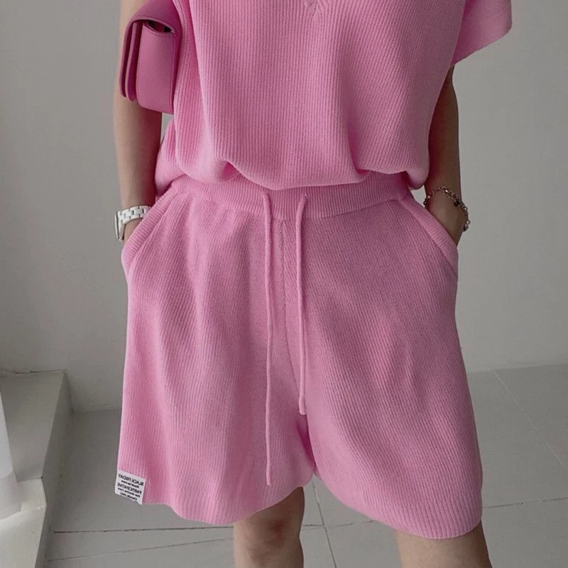 2023 Sweet V-neck Short Sleeve Pullover Sweater+drawstring Wide Leg Shorts Pink 2 Piece Sets Womens Loose Streetwear Shorts Sets