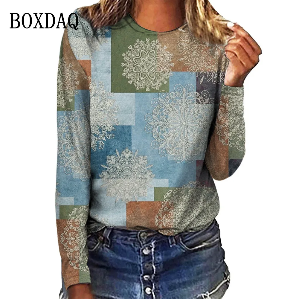 Vintage Women T Shirts Plaid Pattern Flower Print Shirts Autumn Winter Long Sleeve Casual Street Fashion Ladies Oversized Tops