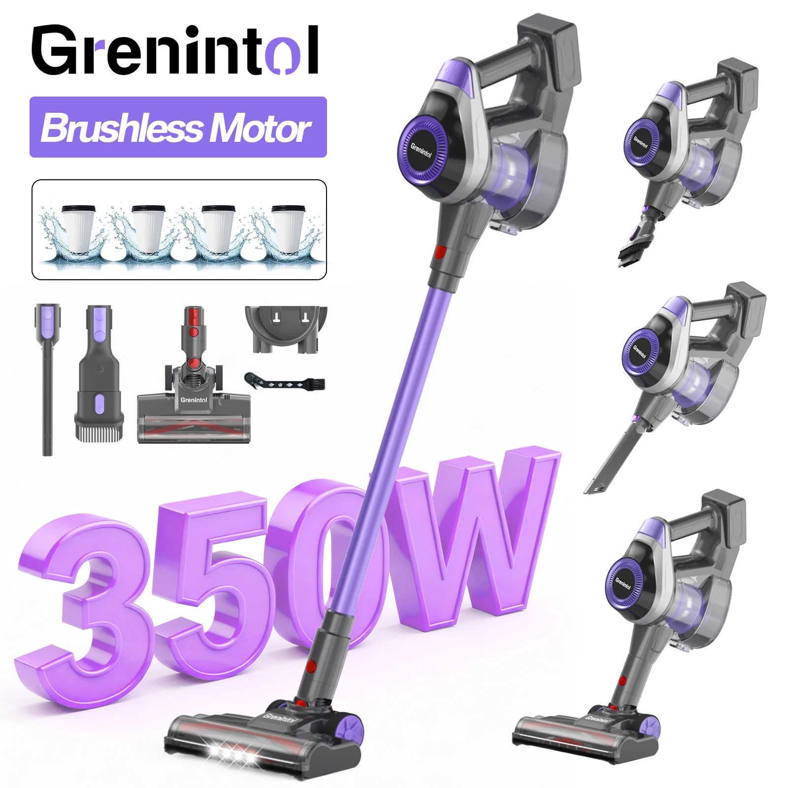 مكنسة كهربائية لاسلكية Grenintol 45000Pa 350W 8 في 1 مكنسة كهربائية هادئة لشعر الحيوانات الأليفة والأرضيات الصلبة HEPA * 4