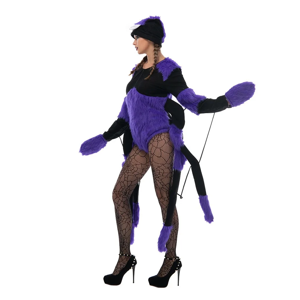 Halloween Lila Knotenfüßiger Spinnen-Insekten-Horror-Kostüm Flauschiger Tier-Reißverschluss-Bodysuit für Bar-Party, Bühnenauftritt, Cosplay-Requisite – Detail 4