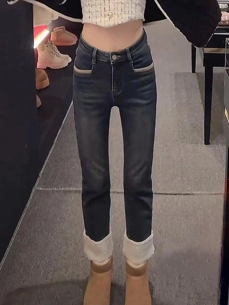 

Женские джинсы с высокой талией, прямого кроя, облегающие, модные, простого дизайна, зимняя новинка, повседневные, удобные, дышащие, из полиэстера