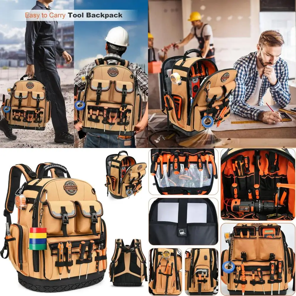 

Durable 1680D Tool Backpack with 89 Pockets, Laptop Section, Combination Lock for Tradespeople in Earth Yellow