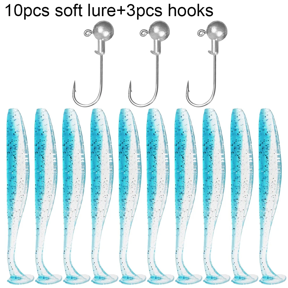 10PCS Weicher Köder 5,5 cm 7cm 10cm T Schwanz Wurm 3PCS Jigging Kopf Haken 3g 5g 10g Metall Jig Karpfen Angeln Pesca Swimbait Getriebe Kit Köder