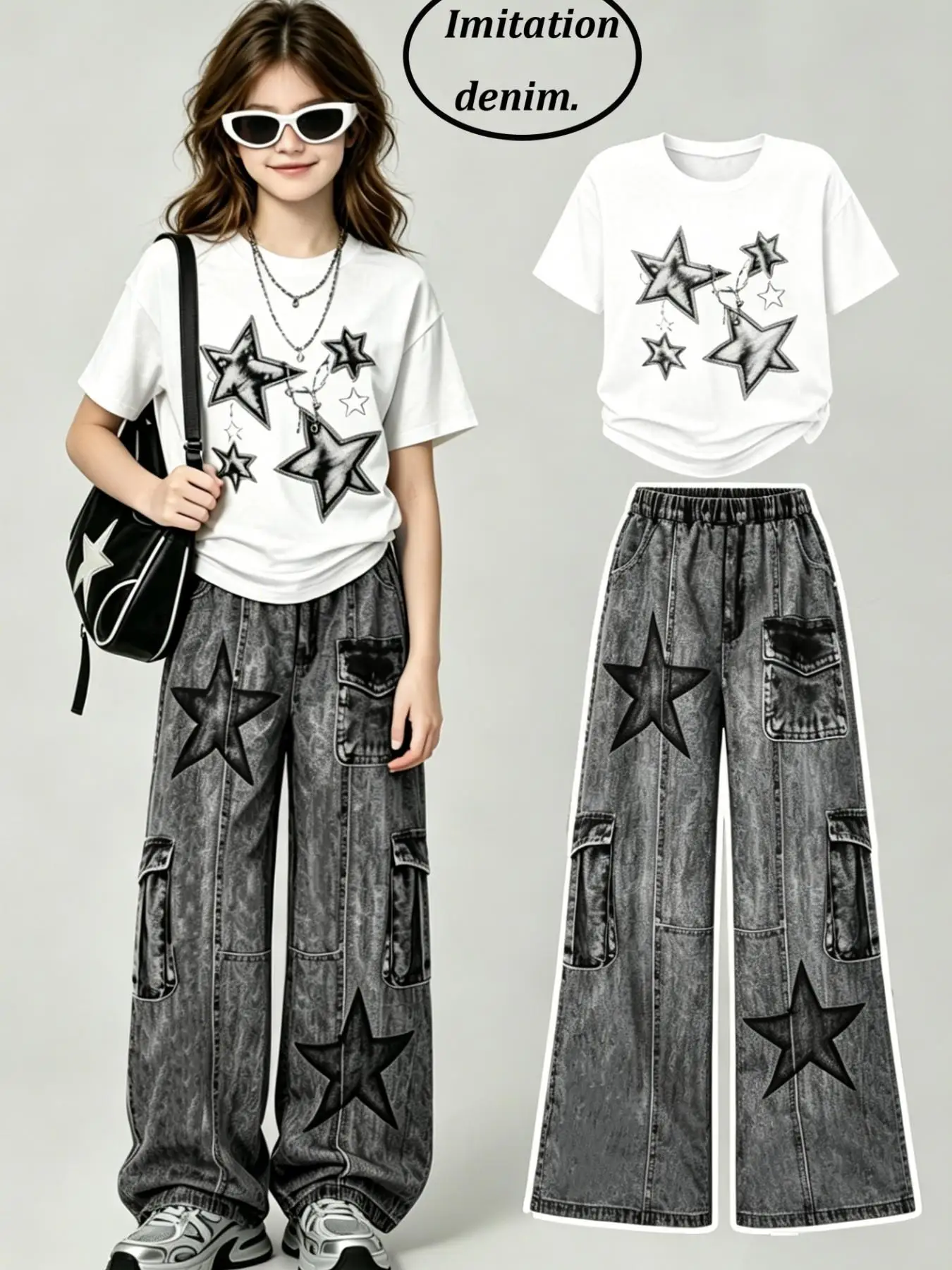 Girls' Summer Casual Outfit: Star-Printed T-Shirt + Faux Denim Cargo Pants Two-Piece Set in White + Gray-Black, Street Style Outfit for Teenagers, Trendy Cool Clothes Suitable for Ages 4-12
