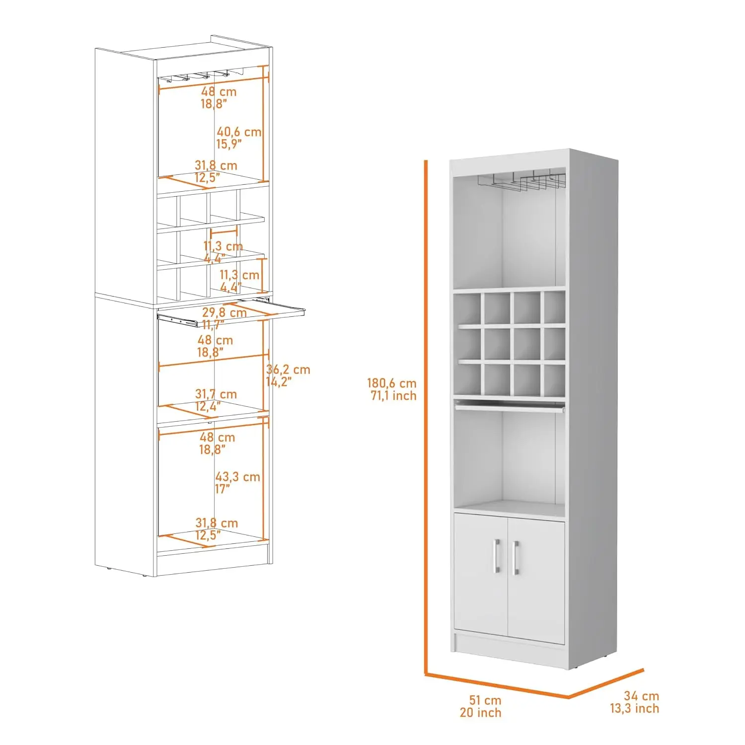 White Bar Cabinet with Wine Rack, 71.1in Tall 15 Shelves 2 Doors Narrow 20x13.3in Wood Home Kitchen, Customized