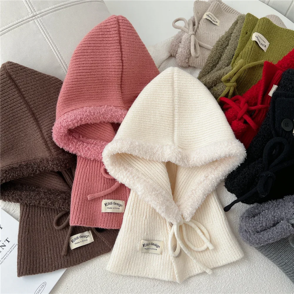 Warm Solid Color Balaclava Pullover Knit Cap Women's Neck Protection Cap Motorcycle Helmet Style Winter Fall Season Cap