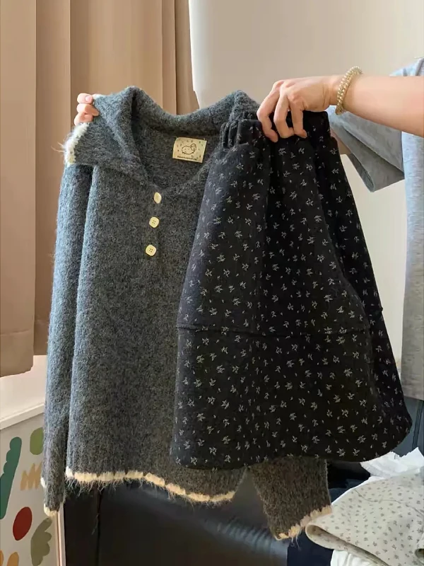 

Корейская женская юбка А-силуэта, новая осенне-зимняя шерстяная юбка с цветочным принтом, милая юбка-солнце с высокой талией