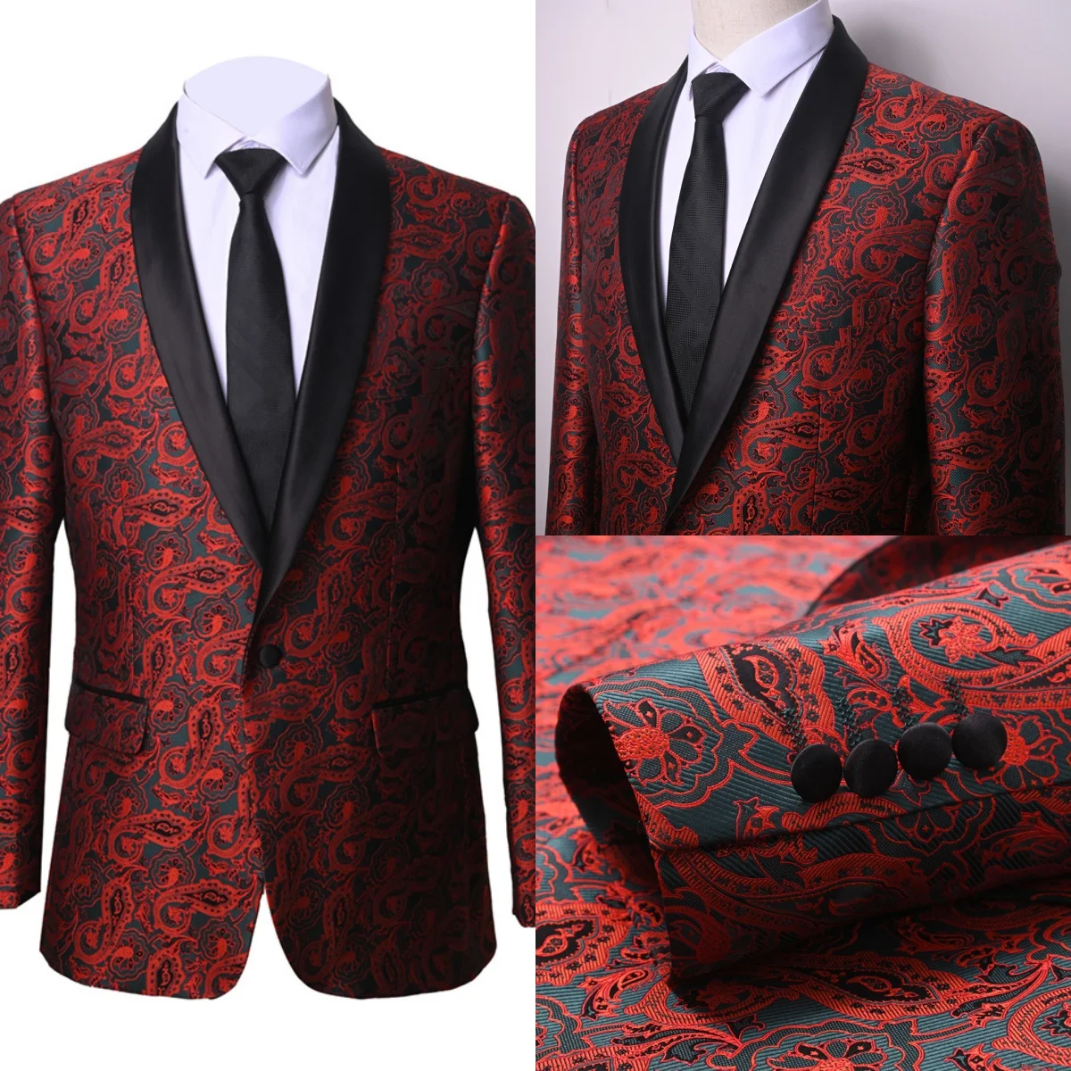 

Bright Red Jacquard Wedding Tuxedos 1 Piece Set Jacket Shawl Lapel Men Suits One Button Groom Wear Party Suit Customized