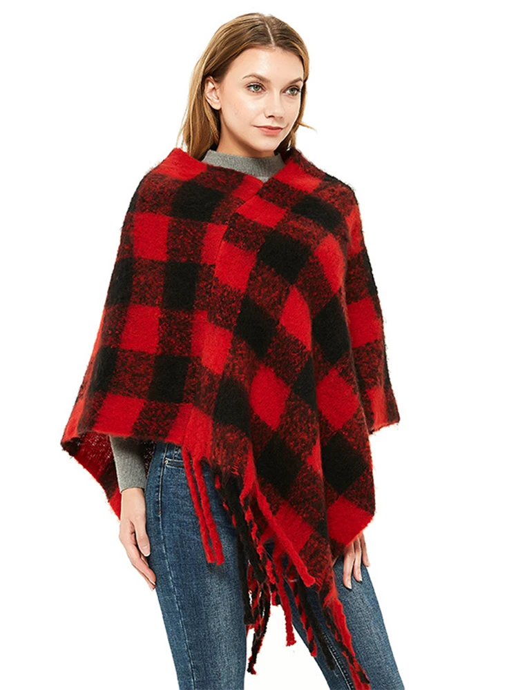 Nova moda outono inverno moda feminina borla xadrez xale quente grosso tamanho grande estilo de trabalho solto alta qualidade bonito poncho