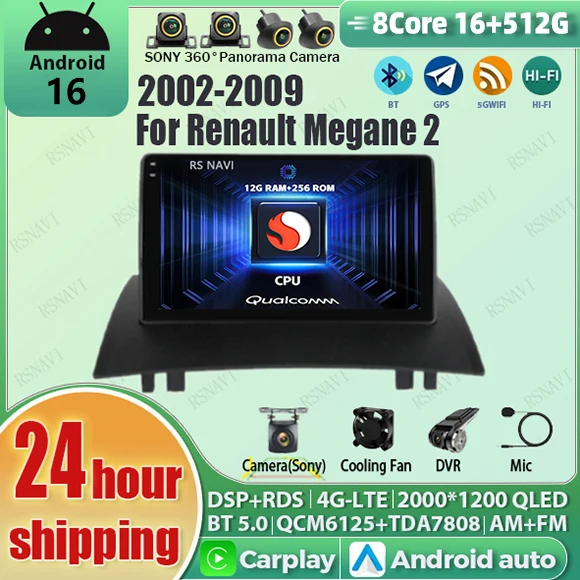 Android 16 Carplay Auto 2K Screen Car Radio Multimedia Player For Renault Megane 2 2002 - 2009 Autoradio Stereo 2din Head Unit