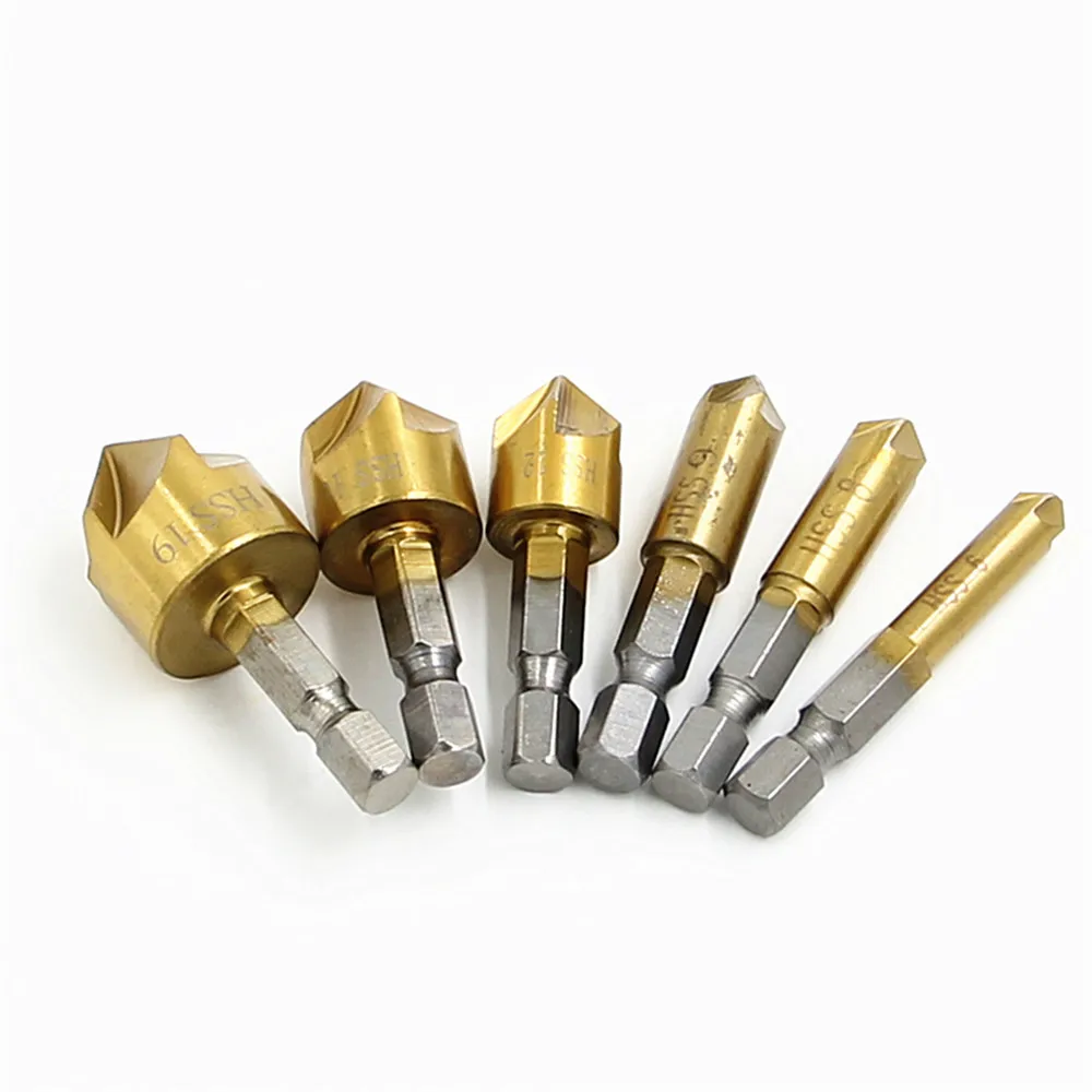 1/4 "Hex 6 Buah 12Mm 16Mm 19Mm Manik Bor Countersink Pendeburan Chamfering 5 Flute 82 Derajat Set untuk Bit Countersink Perubahan Cepat Kayu