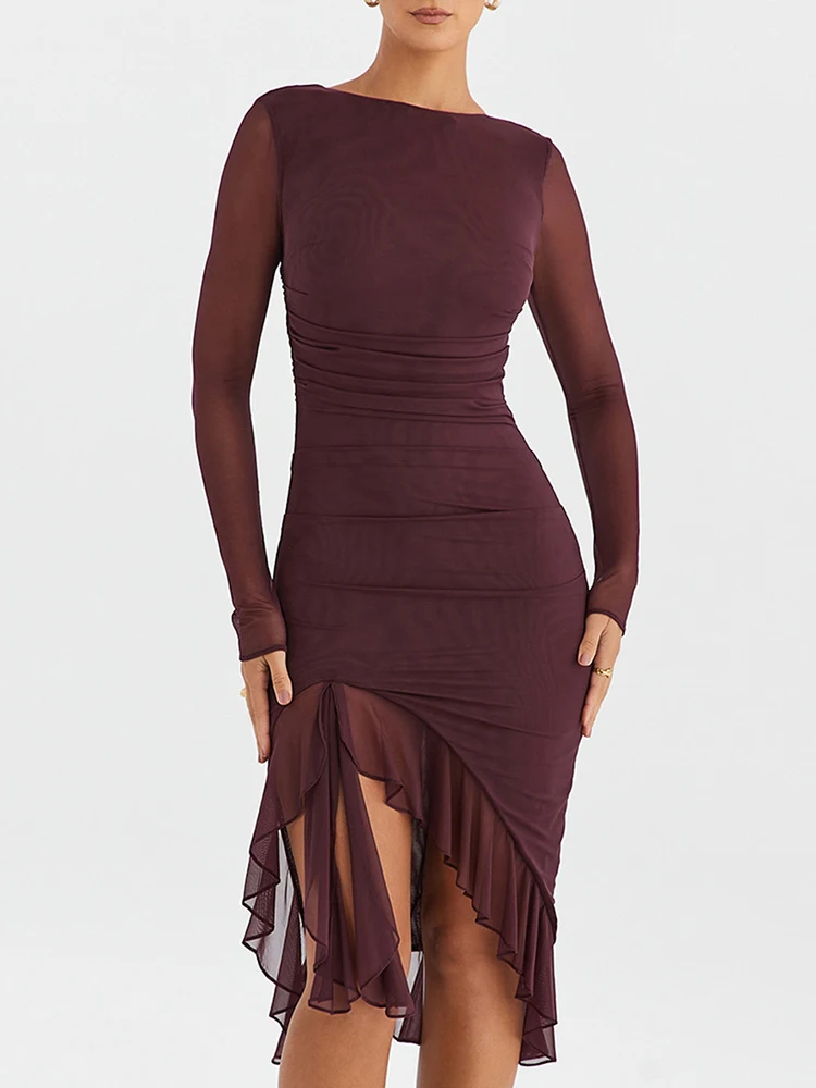 New Elegant Ruffle Ruched Midi Dress for Women Robe Sheer Long Sleeve Backless Irregular Club Party Sexy Dress Vestido