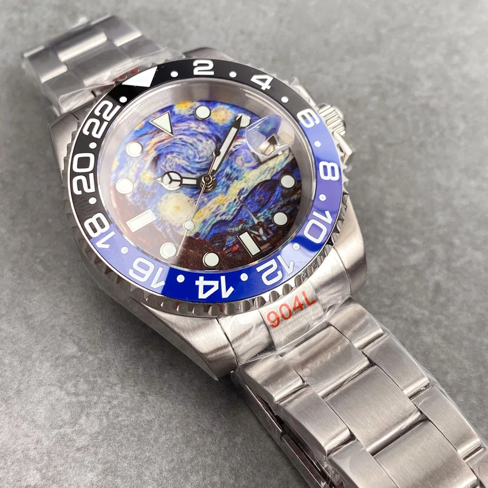 Tandorio 40mm Automatic Men\'s Wristwatch NH35 Movement Starry Design Dial 120 Clicks Rotating Bezel Bracelet Band