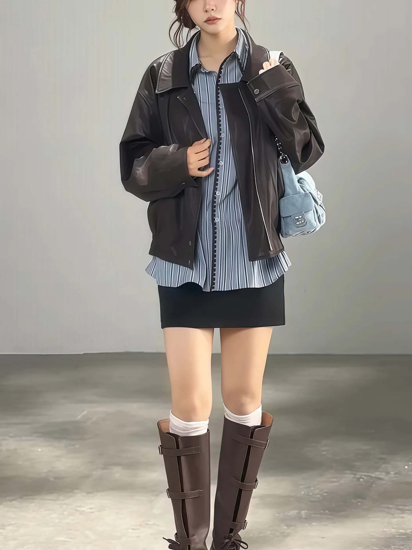 アメリカン スレ ブラウン レザー ジャケット レディース ルーズ オーツ コート 秋冬 新デザイン センセーション スモール エンス カジュアル ジャケット