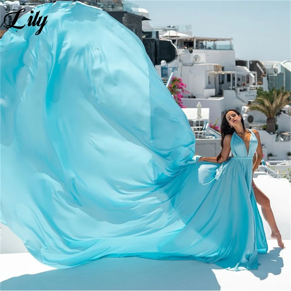 

Lily Turquoise Beach Evening Dress Spaghetti Strap V Neck Stain Charming Prom Dress Chapel Train Party Dresses vestidos de noche