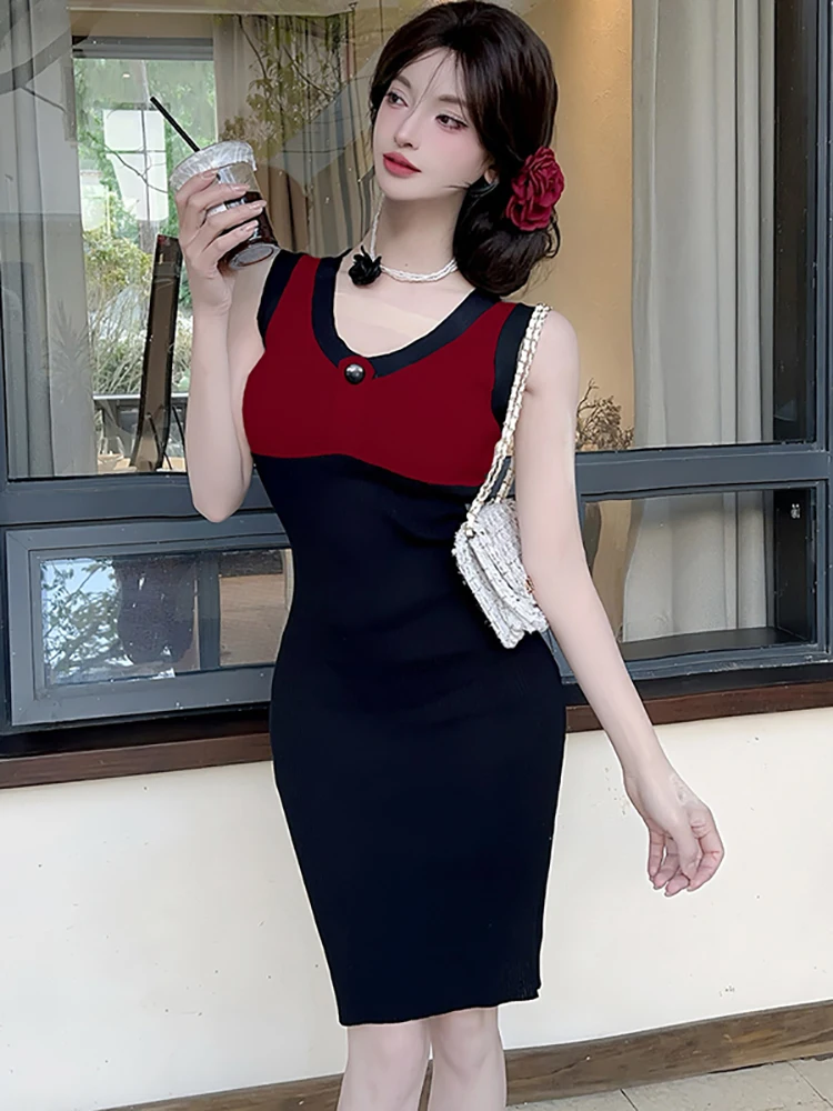Summer White and Black Patchwork Knitted Sweater Dress Women Elegant Hip Wrap Sexy Midi Dress 2025 Korean Vintage Bodycon Dress