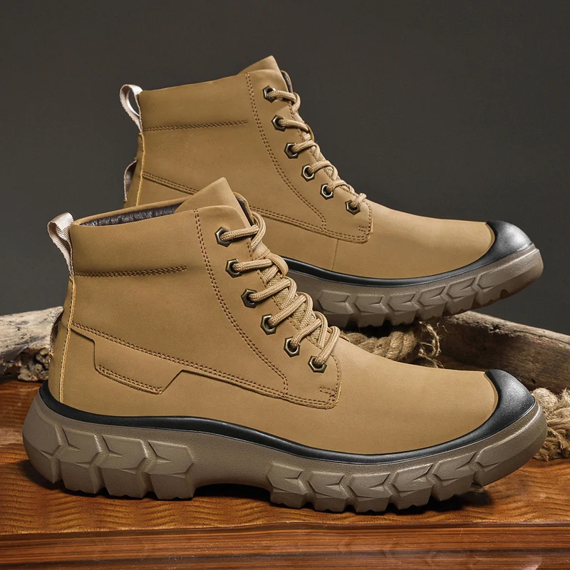 2026 Retro British High Top Ankle Boots Men Split Leather Fleece Lined & Thin Liner Non Slip Thick Sole Daily Shoes 39-45