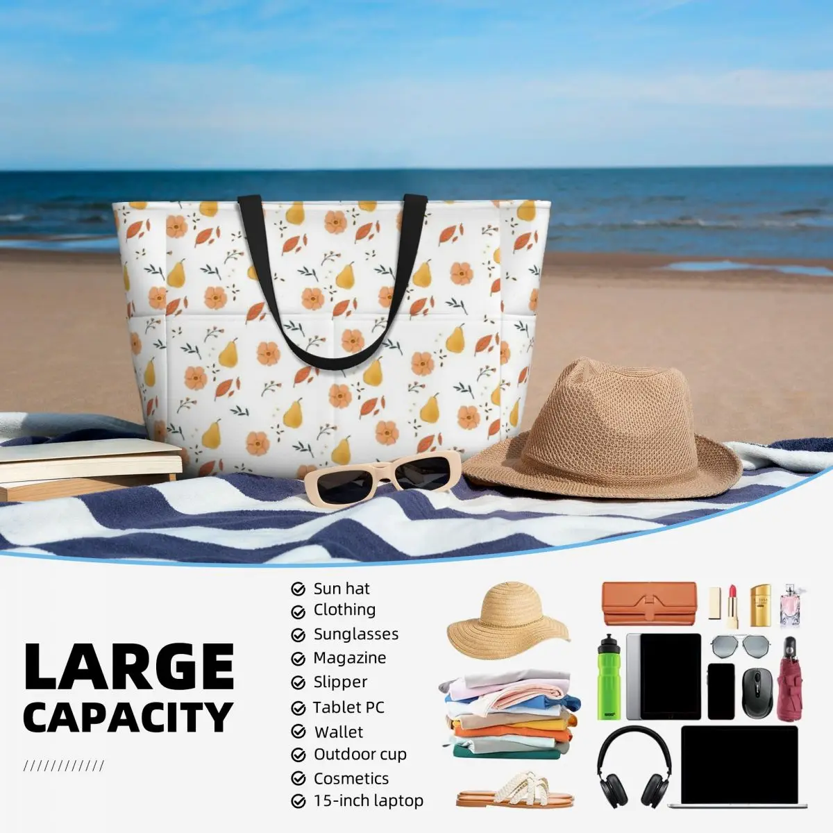 Borsa da viaggio da spiaggia con fiori e frutta autunnali, borsa Tote Retro pratico regalo di compleanno da viaggio modello Multi-stile