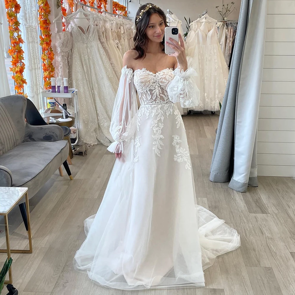 

Boho Wedding Dresses For Women 2022 Sweetheart A-Line Long Wedding Gowns Lace Applique Tulle Ivory Bride Dress vestidos de novia